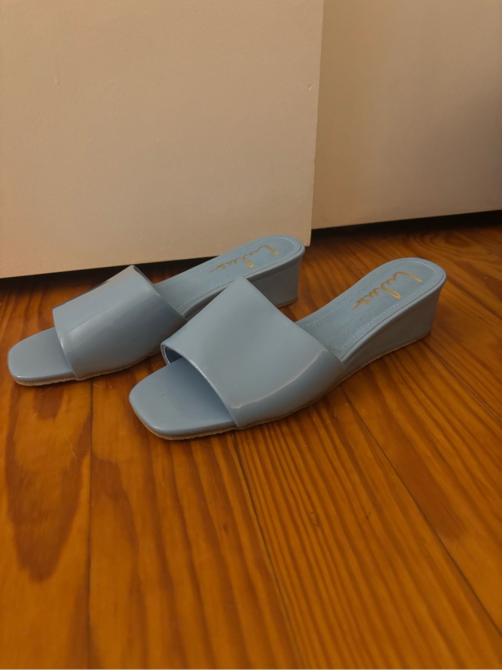 Lulu's Powder Blue Patent Wedge Slide Mules - Picture 3 of 3